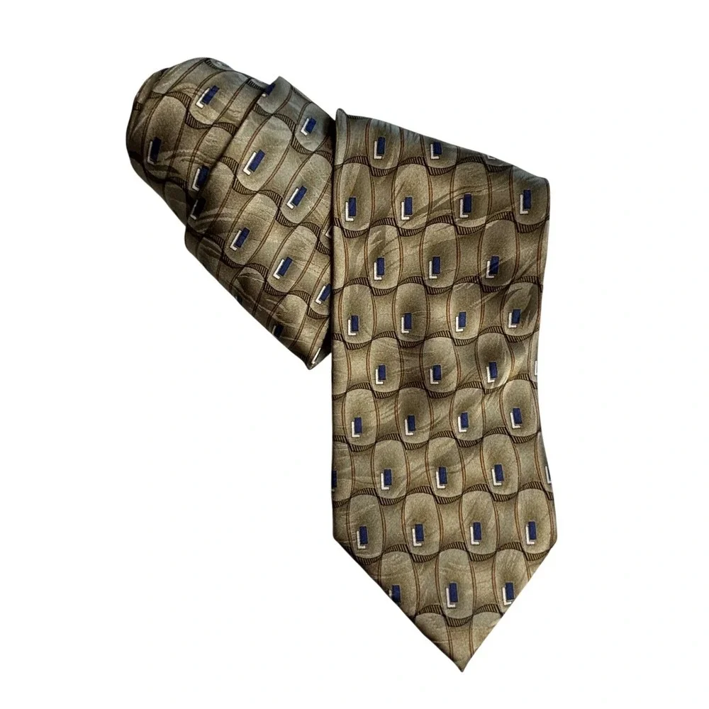 Vintage Marquis Mens Silk Necktie Olive Green Gold Blue Geometric‎ Tie